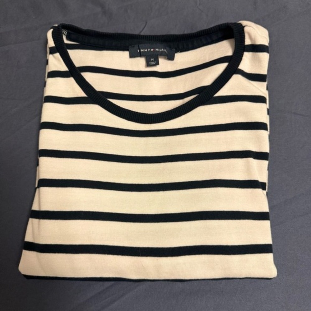 Tommy Hilfiger Women Breton Stripe Top Navy & Cream Gold Button Detail M Cotton